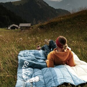 Eine Frau auf einem Schlafsack auf einer Wiese mit Blick in ein Tal. Im Hintergrund ein Bauernhaus.